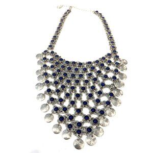 Chico's Ellinora Heavy Choker Necklace Silver Tone Dark Blue Stones Silvertone